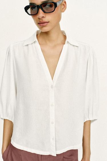СОРОЧКА З ЛЬОНУ З ПИШНИМИ РУКАВАМИ - Білий Zara