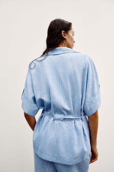 LINEN BLEND SAFARI SHIRT - Light blue by Zara - Image 4