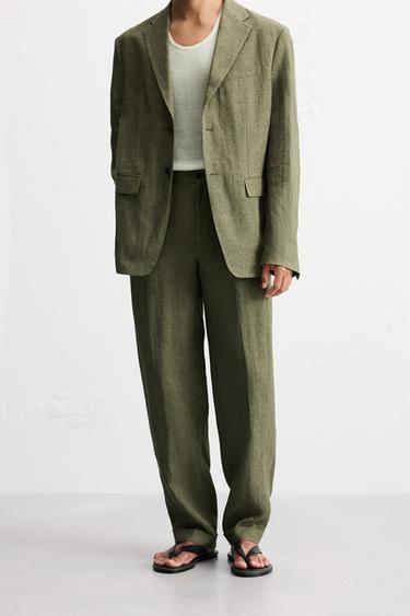 100% LINEN SUIT TROUSERS - Dark khaki by Zara