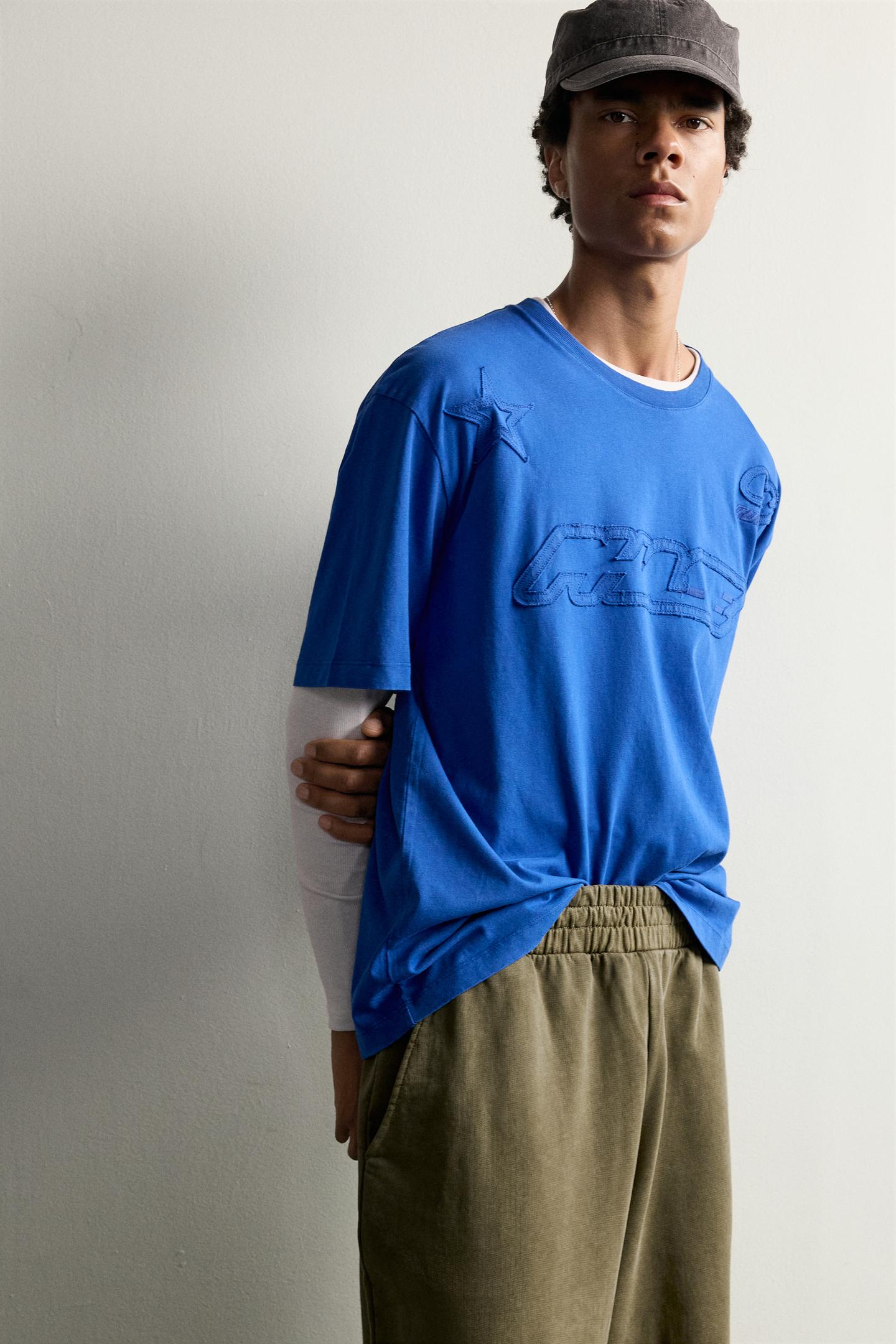 Мужская футболка Zara Relaxed Fit Patch, цвет: Синий — фото 6