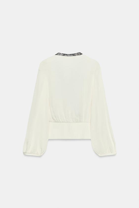 BLOUSE SATINÉE DENTELLE - Écru de Zara - Image 7