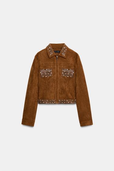 جاكيت جلد سويدي اصطناعي مرصع - بني الخاص بـ Zara - صورة 0