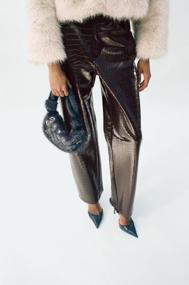 ANIMAL EMBOSSED FAUX LEATHER STRAIGHT TROUSERS - Brown by Zara