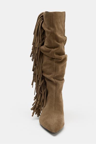 FRINGED SPLIT SUEDE BOOTS - Dark tan by Zara - Image 5