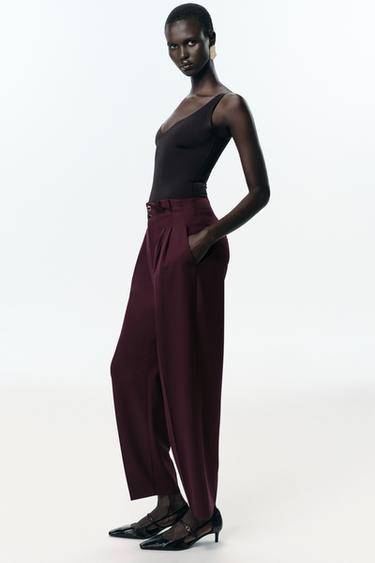 PANTALÓN PAPER BAG PINZAS - Burgundy de Zara
