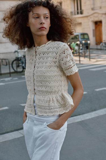 POINTELLE SHORT SLEEVE CARDIGAN - Ecru by Zara
