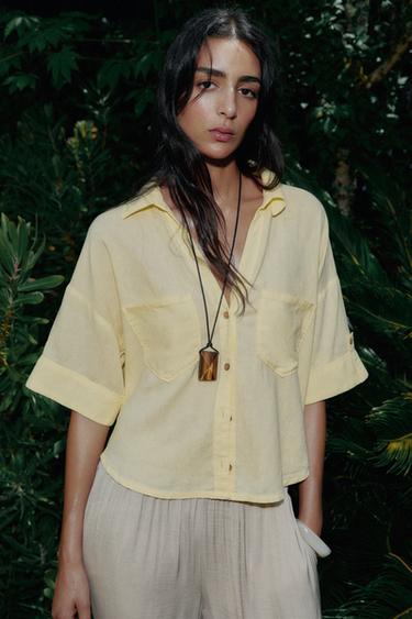 Zara LINEN BLEND CROPPED SHIRT - Yellow