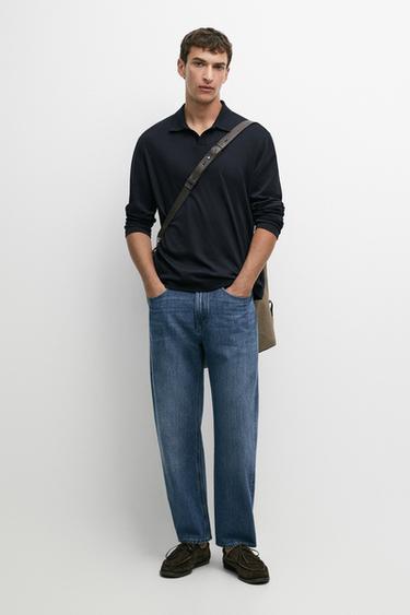 Zara 100% cotton long sleeve polo shirt - Navy blue - Image 0
