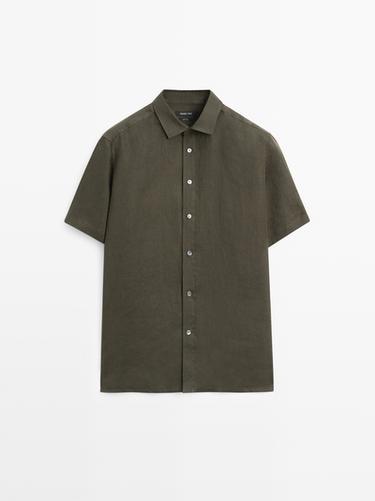 Zara Regular fit short sleeve linen shirt - Dark green