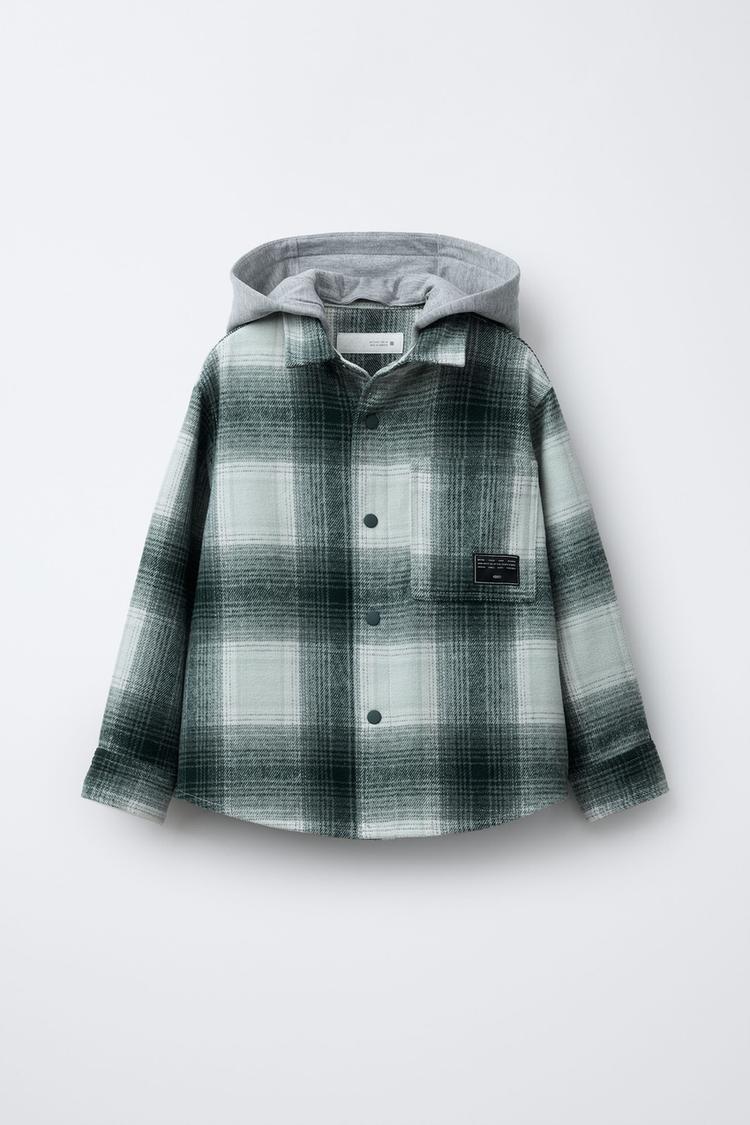 PLAID OVERSHIRT WITH REMOVABLE FLEECE HOOD Green ZARA Canada