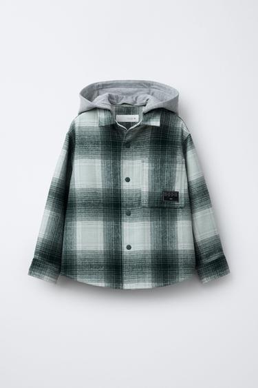 SOBRECAMISA CUADROS CAPUCHA FELPA DESMONTABLE  - Verde de Zara