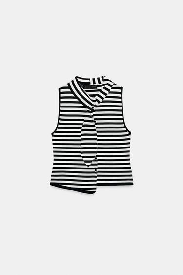 Zara Siyah / Beyaz - FİYONKLU ÇİZGİLİ TRİKO TOP