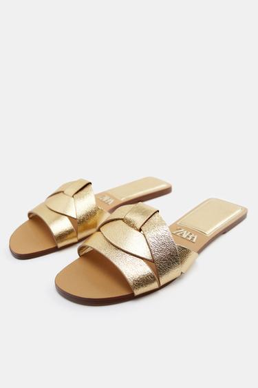 SANDALES PLATES EN CUIR CROISÉES - Or de Zara - Image 3