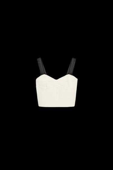 Zara CONTRAST STRAP KNIT CROP TOP - Ecru - Image 0
