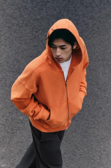 Zara 洗水細格紋理連帽運動衫 - 橙色