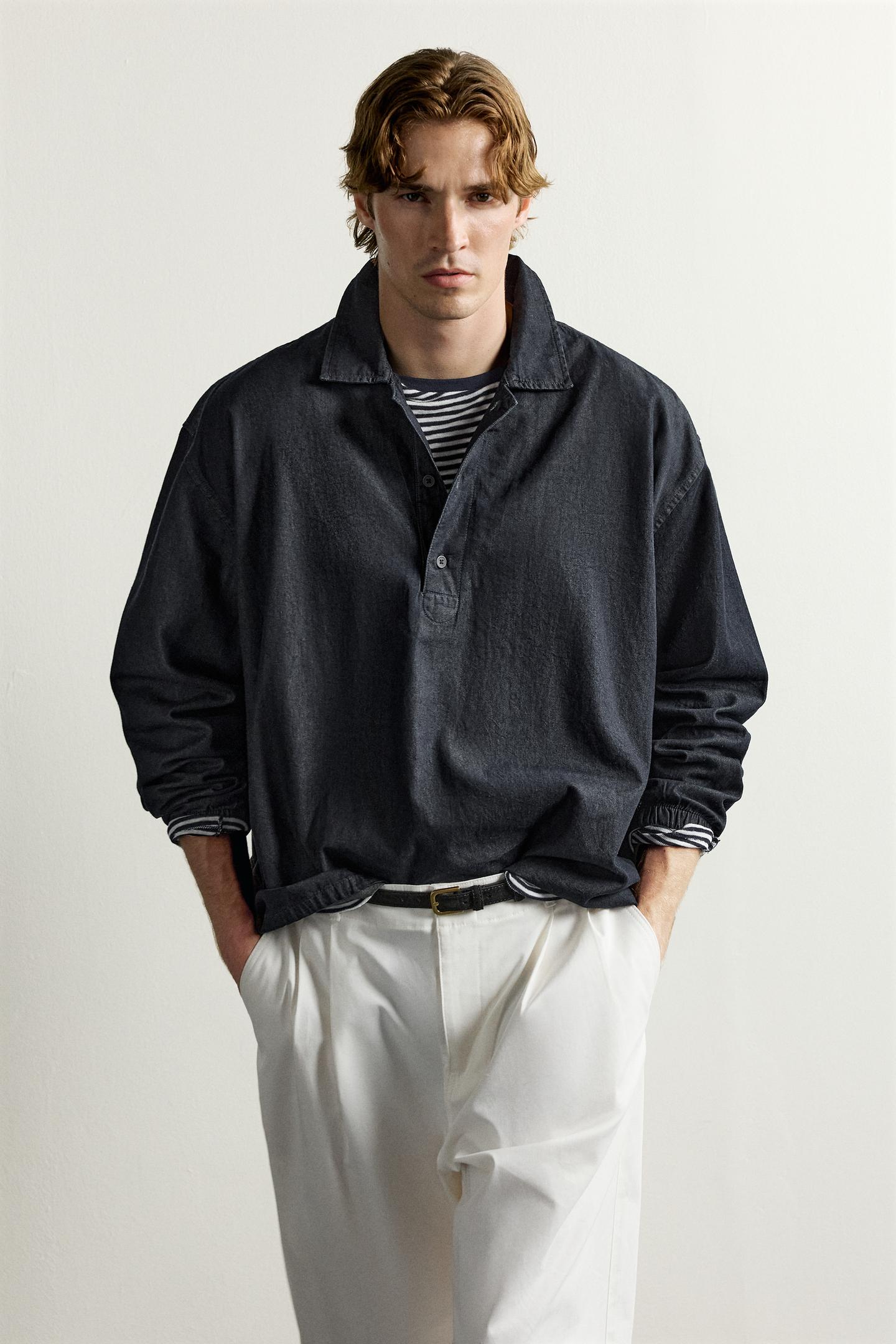 Мужское поло Zara Relaxed Fit Denim Polo, цвет: Индиго — фото 7