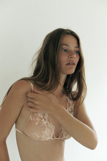 MESH LACE TRIANGLE BRA - Biscuit by Zara