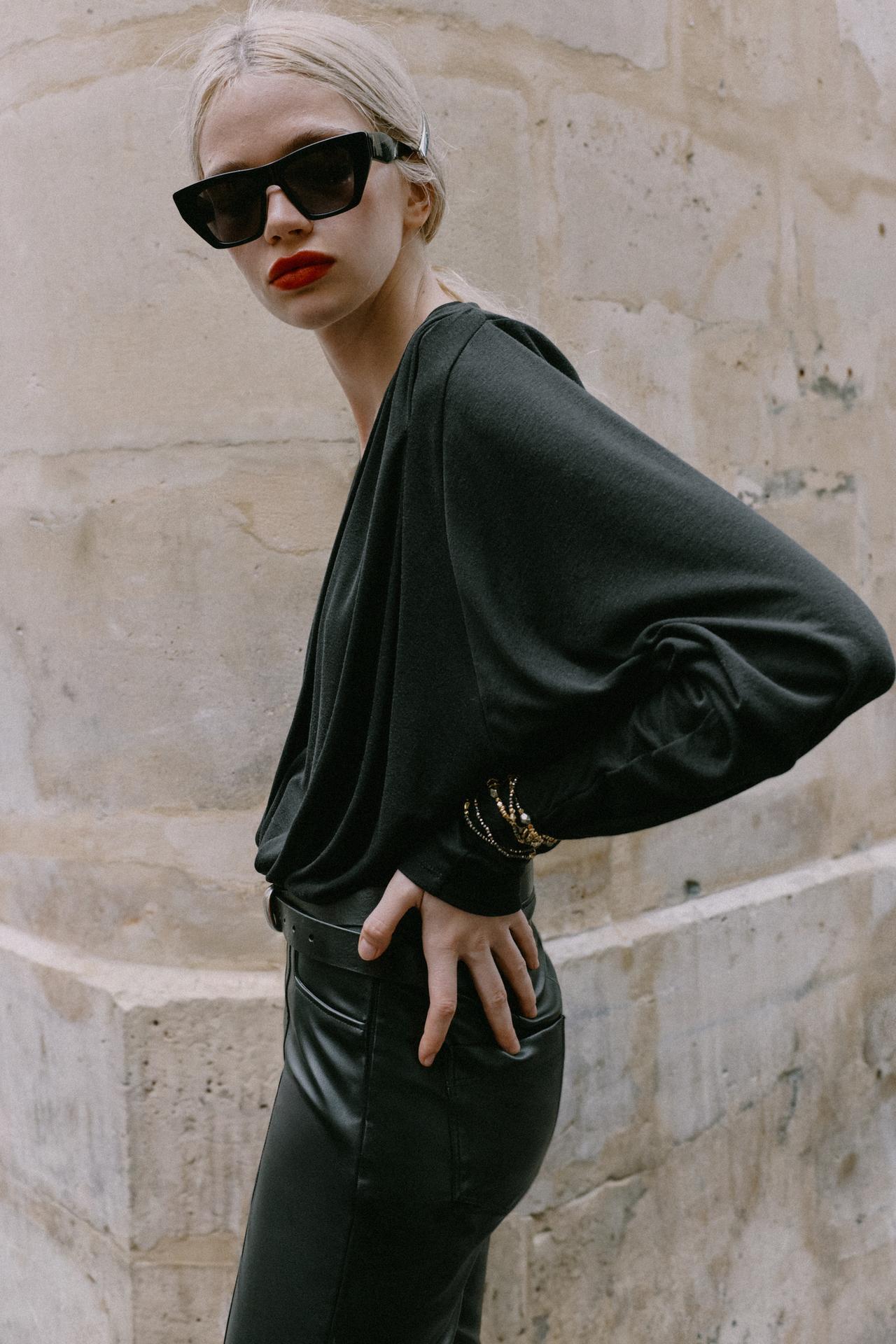 SHOULDER PAD WRAP BODYSUIT — Black
