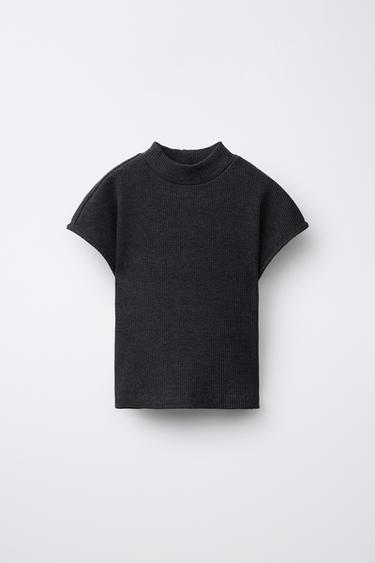 Zara PLAIN RIBBED T-SHIRT - Dark anthracite