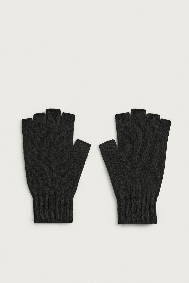 100% WOOL KNIT MITTENS — Black