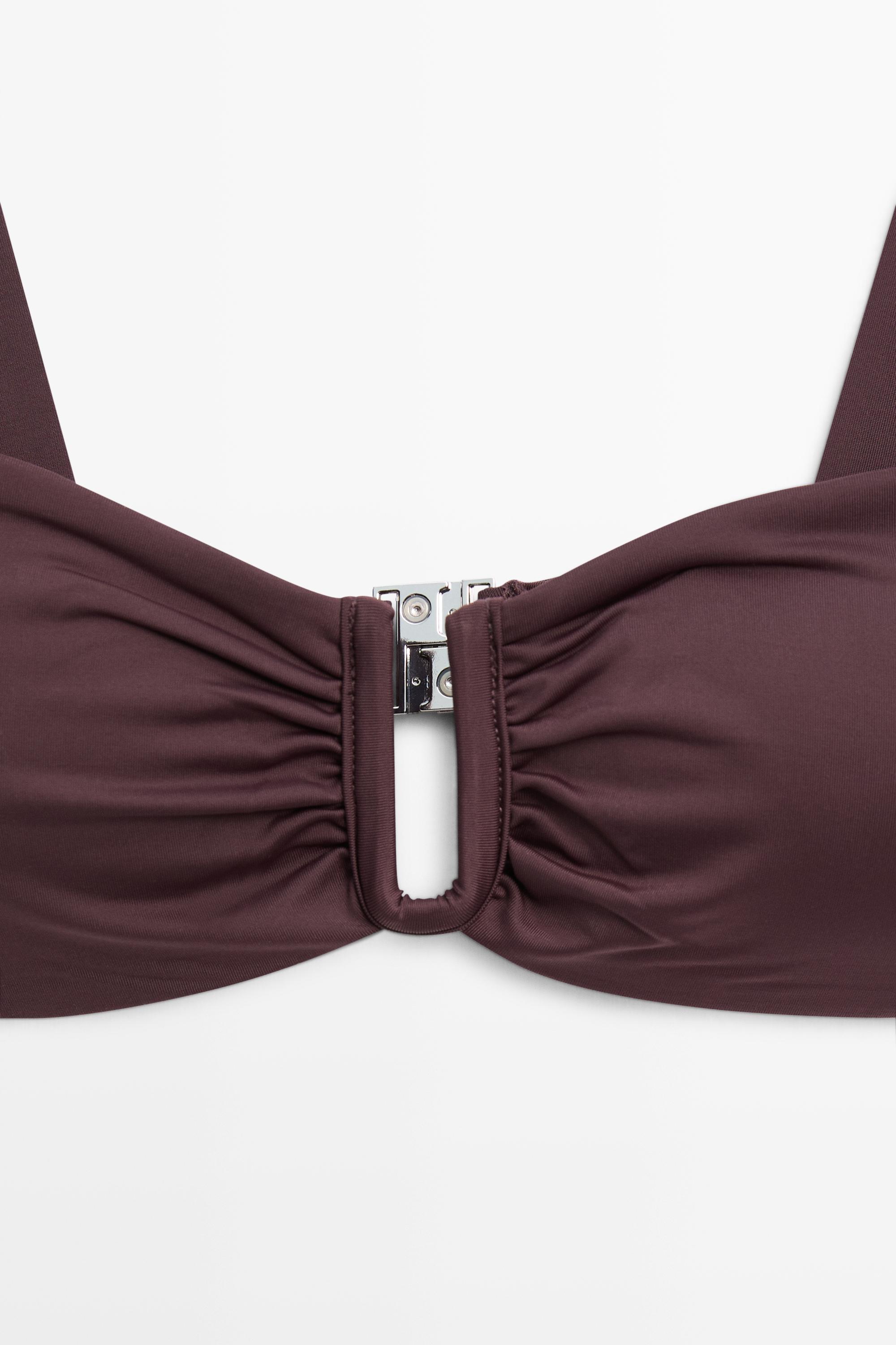 Strappy bikini top with gathered detail — Brown