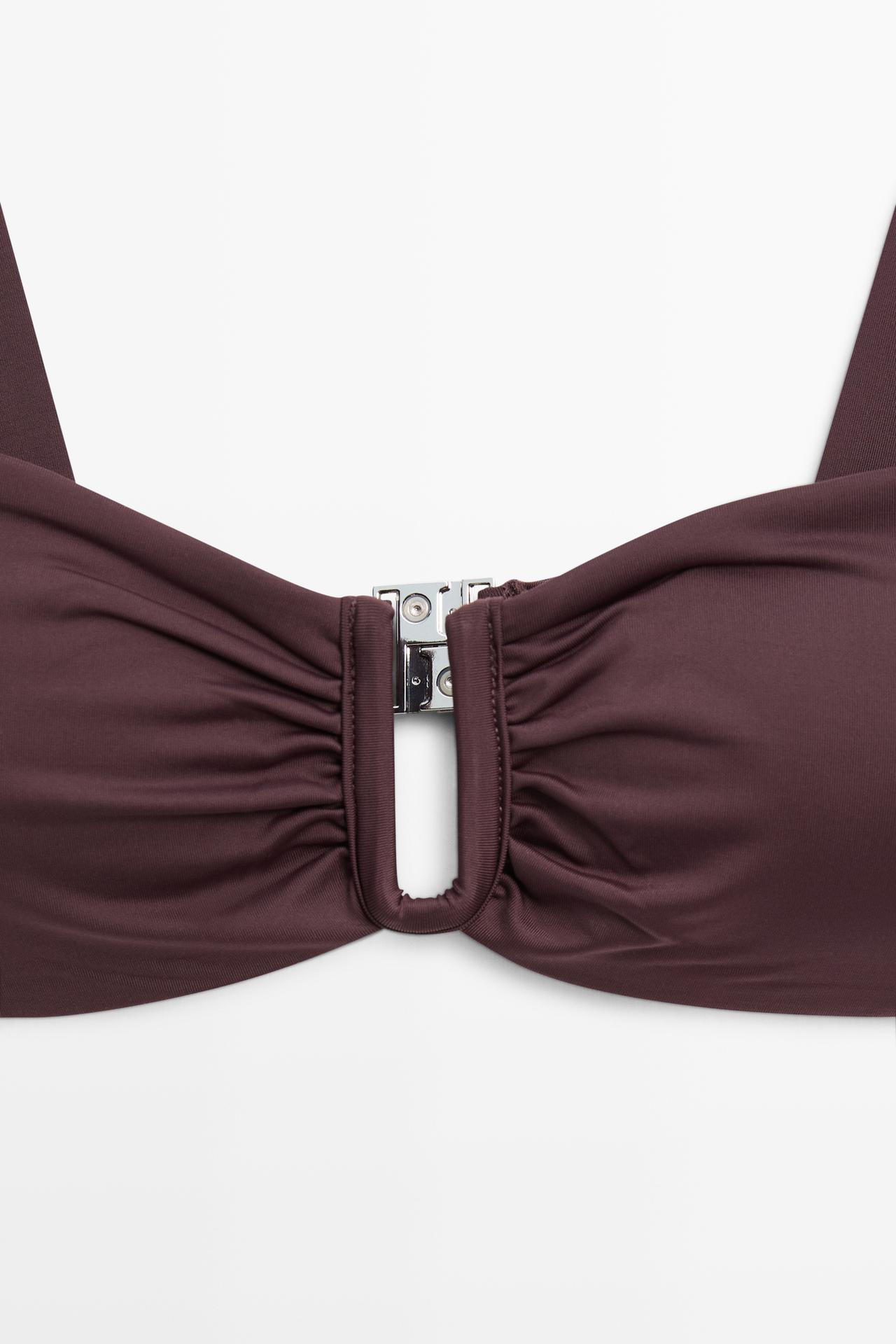 Strappy bikini top with gathered detail — Brown