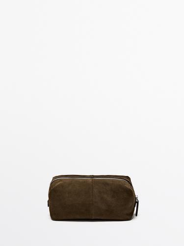 Zara Suede leather toiletry bag with zip - Khaki - Image 0