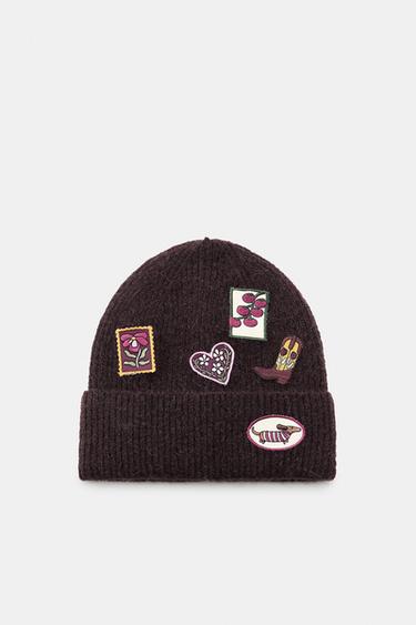 BERRETTO BEANIE IN MAGLIA CON TOPPE - Marrone di Zara