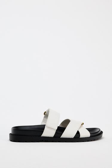 Zara CONTRASTING FLAT SANDALS - white