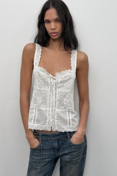 Zara EMBROIDERED STRAP TOP - Oyster-white