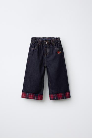 WIDE-LEG CHECKED TURN-UP JEANS WITH EMBROIDERY - Blue by Zara