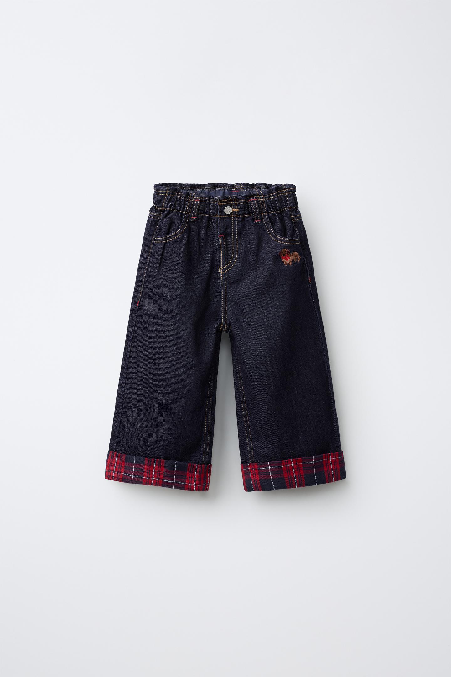 Детские джинсы Zara Wide-Leg Plaid Cuff Embroidered, цвет: Синий — фото 1