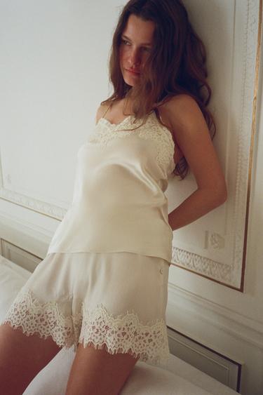 Zara SILK BLEND LACE SHORTS - Ecru