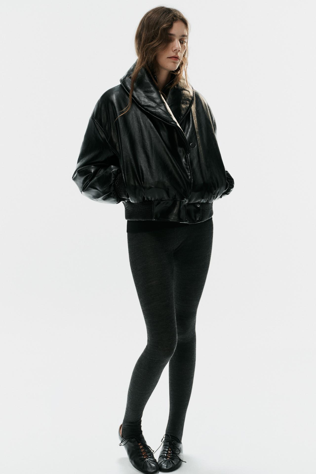 QUILTED FAUX LEATHER ANORAK — Black