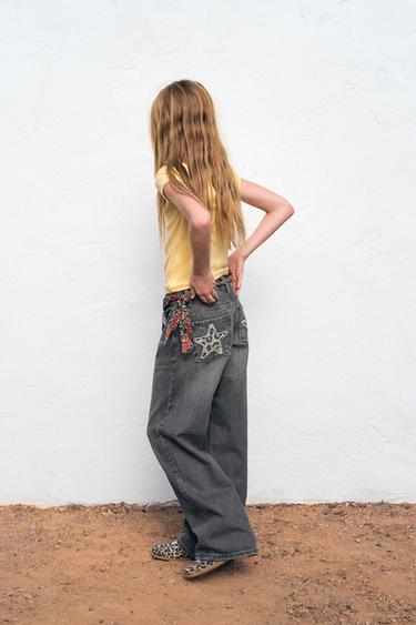 WIDE-LEG JEANS WITH ANIMAL PRINT STARS - Grey by Zara