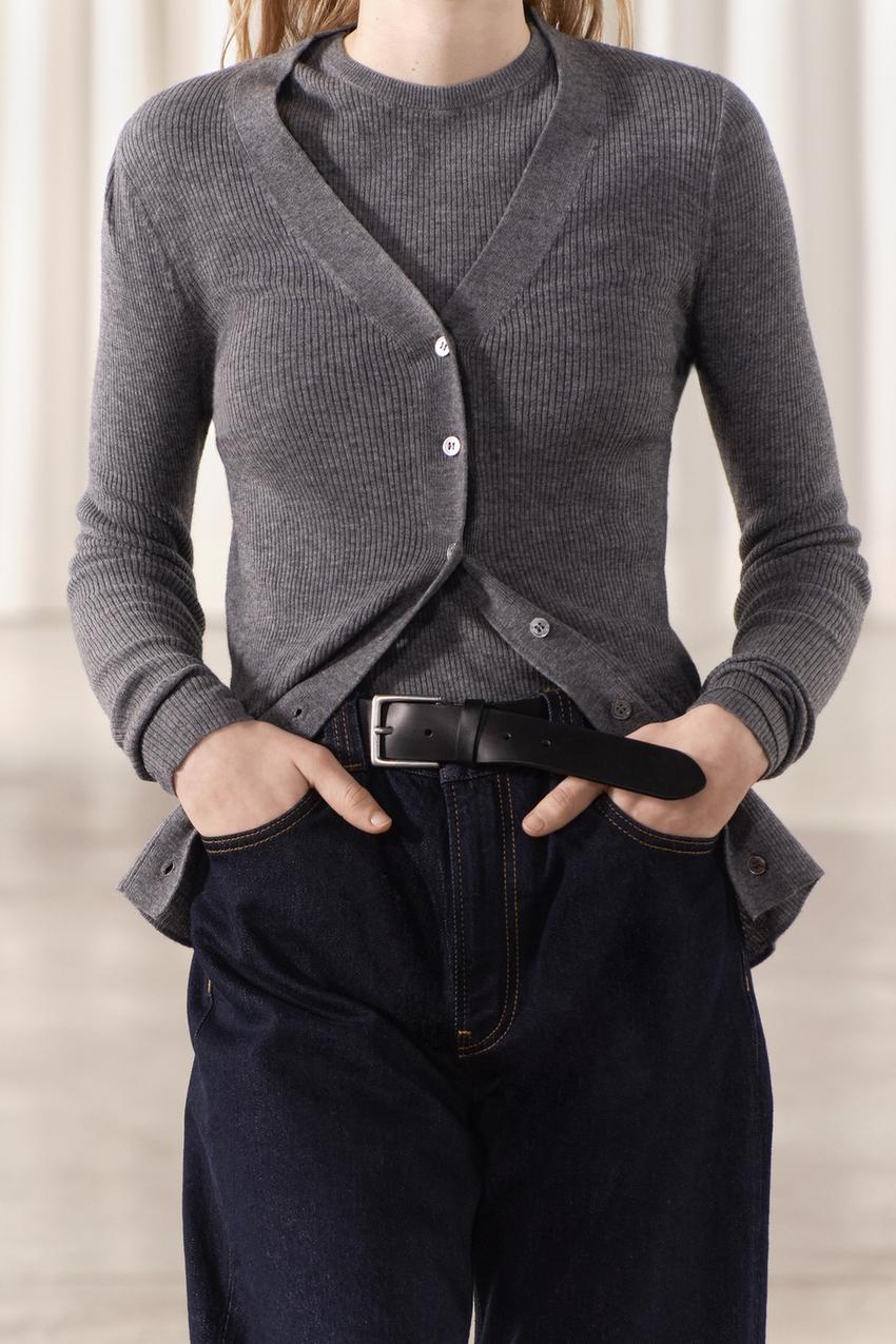 WOOL AND CASHMERE BLEND RIB CARDIGAN - Mid-gray