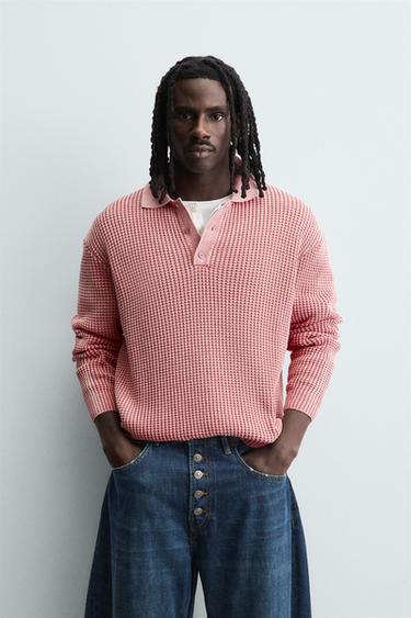 WASHED WAFFLE-KNIT POLO SHIRT - Pink by Zara