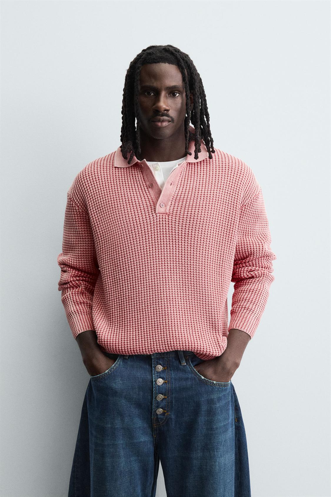 WASHED WAFFLE TEXTURE KNIT POLO SHIRT