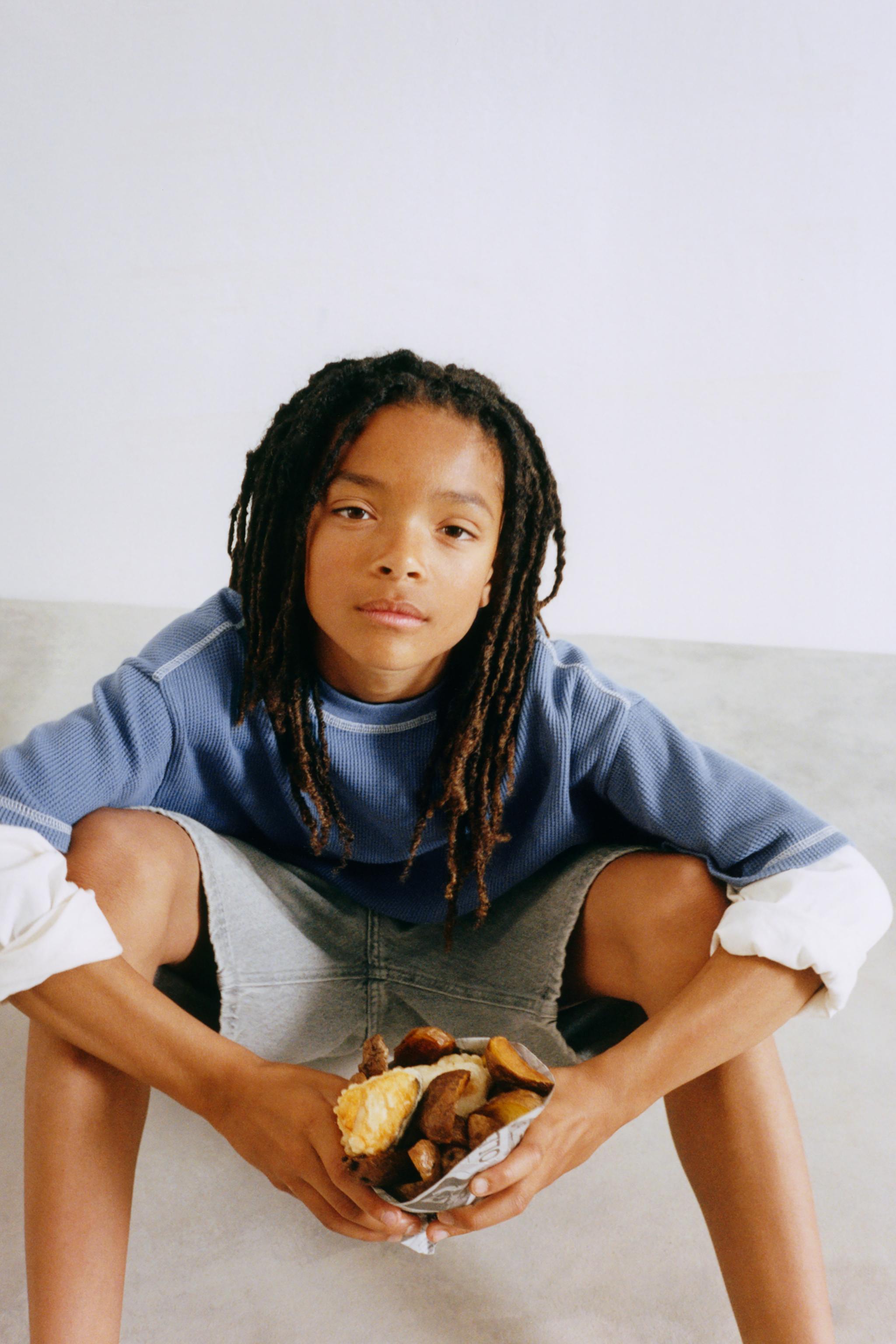 DOUBLE SLEEVE WAFFLE-KNIT T-SHIRT — Blue