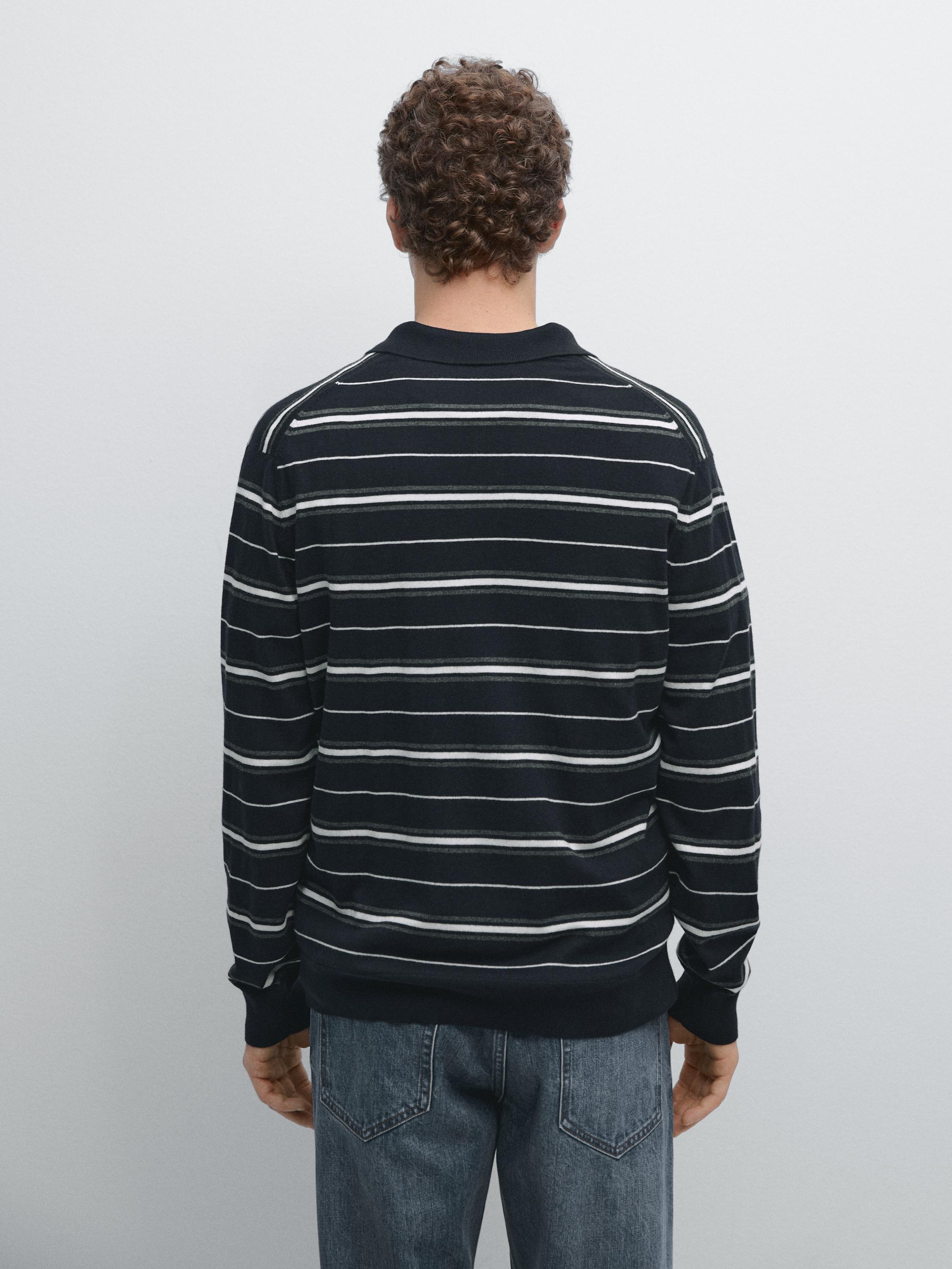 Cotton blend striped knit polo sweater