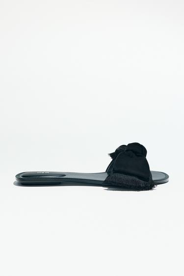 Zara SPLIT LEATHER BOW SANDALS - Black
