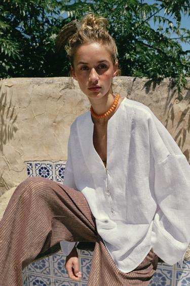 100% LINEN KIMONO SHIRT - White by Zara - Image 6