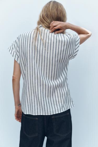 CHEMISE À RAYURES NŒUD AVEC LIN - Bleu / Blanc de Zara - Image 4