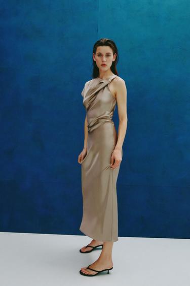 DRAPED SATIN MIDI DRESS - Caramel by Zara - Image 0