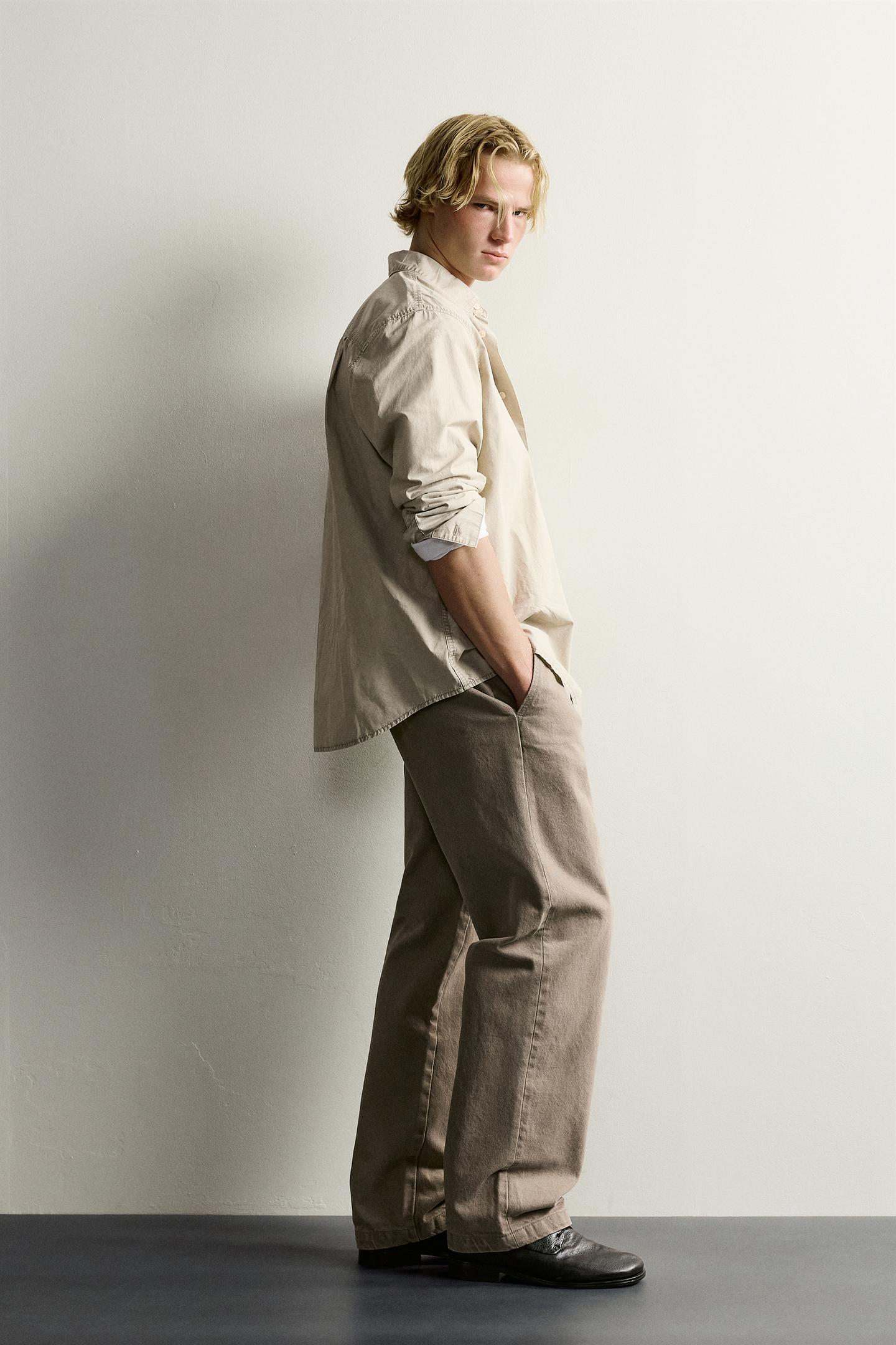 Мужские брюки Zara Straight-Fit Chino Pants with Tabs, цвет: Светлый хаки — фото 4