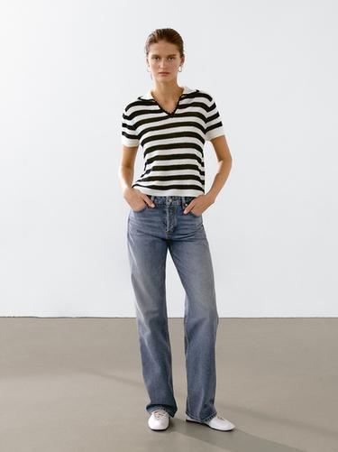 Zara Striped cotton blend polo sweater - Black