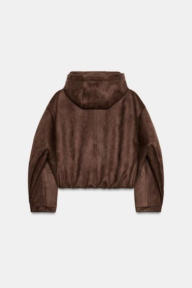 FAUX SUEDE HOODIE BOMBER JACKET - Brown by Zara