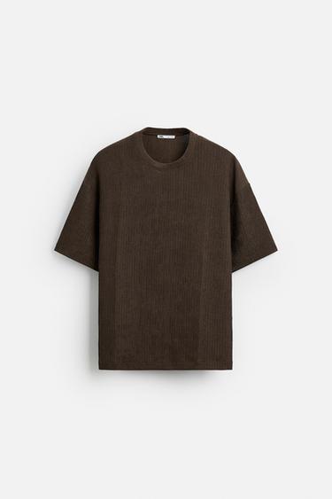 Zara TEXTURED JACQUARD T-SHIRT - Dark brown