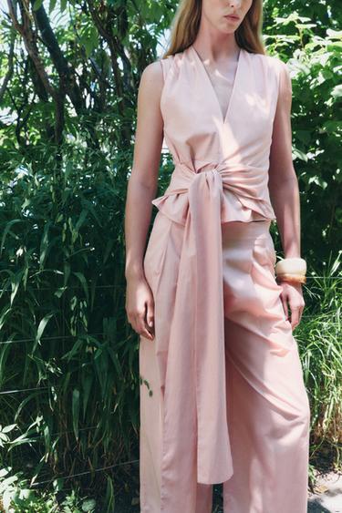 TOP EN POPELINE AVEC NŒUDS ZW COLLECTION - Rose pastel de Zara