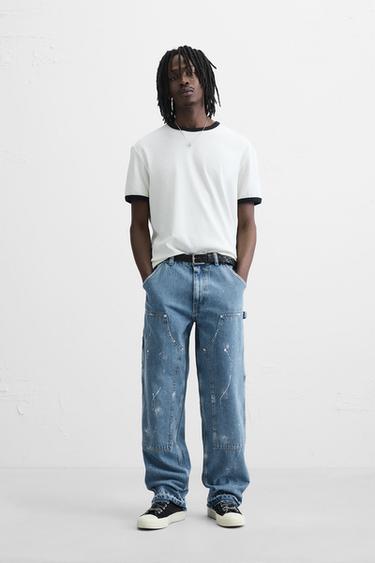 Zara STRAIGHT FIT RIPPED CARPENTER JEANS - Blue - Image 0